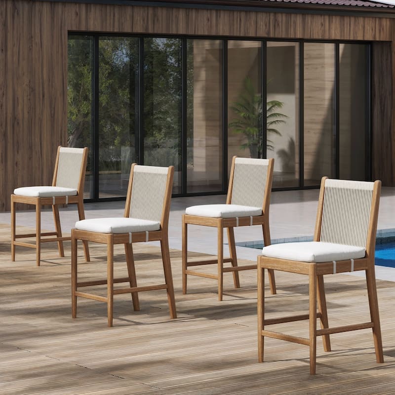 Kayden Outdoor Dining Chair or Bar Stool, Porch Chair with Solid Wood Acacia Wood Frame, Foam Cushion and Woven Rope Backrest - Counter Height Stool - Set of 4