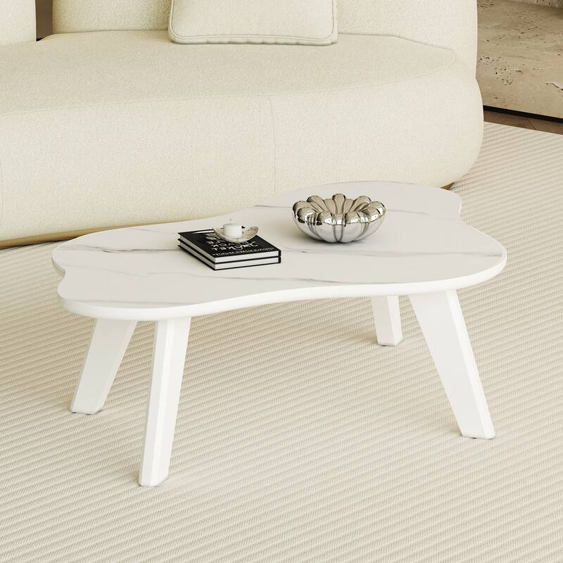 Modern Minimalist Imitation Marble Tabletop Coffee Table. Solid Wood Spray Painted Desk Legs, Cloud Shape