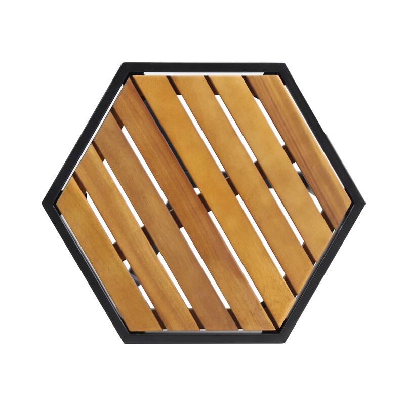 Roomfitters Outdoor Accent Side Table with Durable Metal Base and Teak-Style Surface, Beige