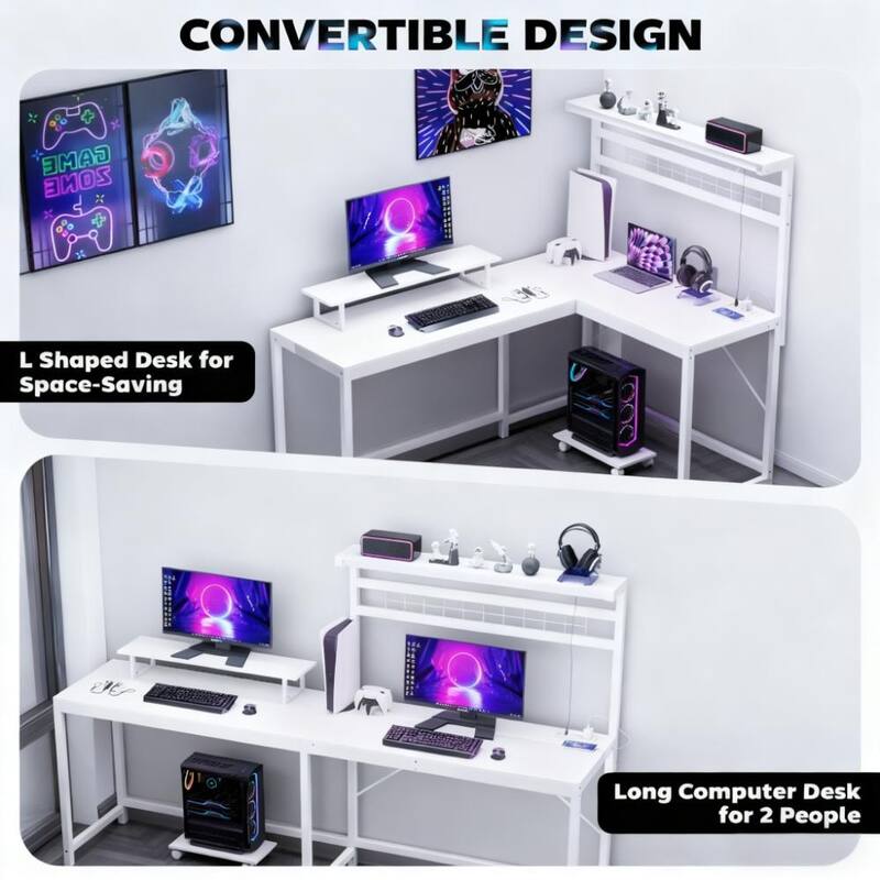 L Shaped Gaming Desk with LED Lights and Power Outlets, Computer Desk with Monitor Stand and CPU Shelf