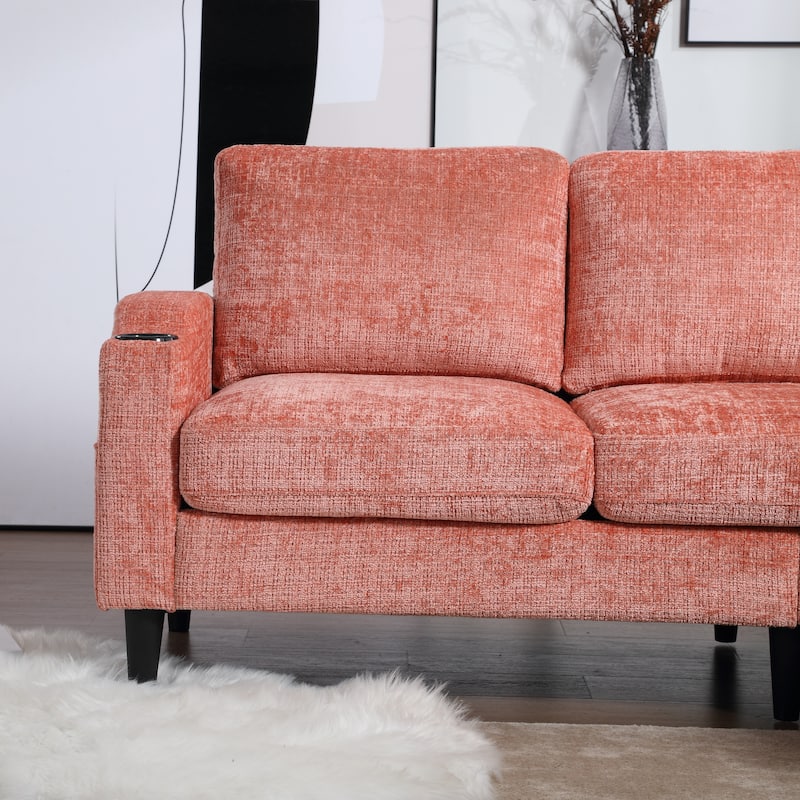 Modular Sectional Sofa with Storage Ottoman, Comfy Chenille Fabric Sofa, 3-Seater Sofa with Side Pockets & 2 Cup Holders