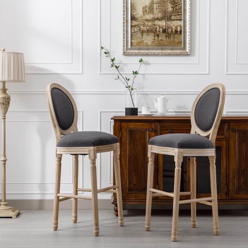 French Country Wooden Barstools With Upholstered Seating , Beige and Natural ，Set of 2