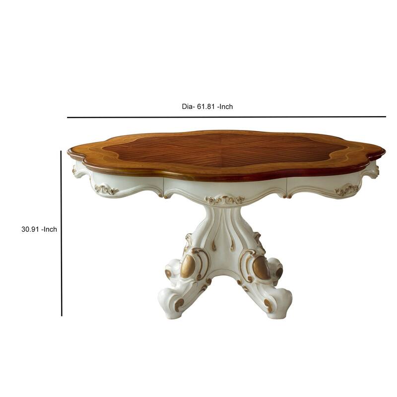 Wooden Top Dining Table With Pedestal Feet, Antique Pearl & Cherry Oak
