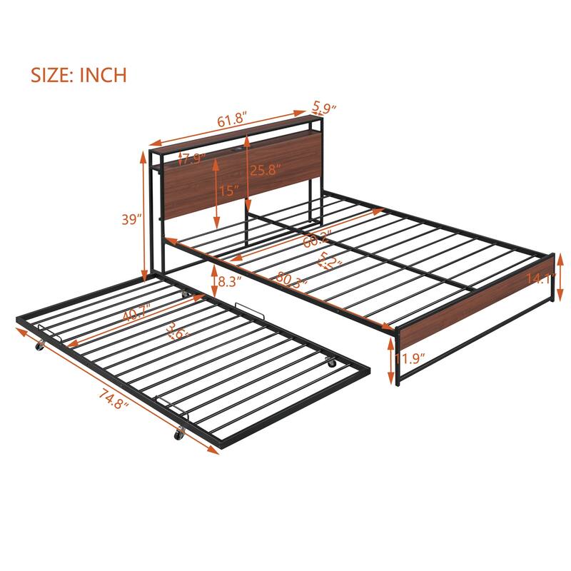 Full/Queen Metal Bed Frame with Trundle, USB Charging Ports, and Slat Support, Modern Design, No Box Spring Required