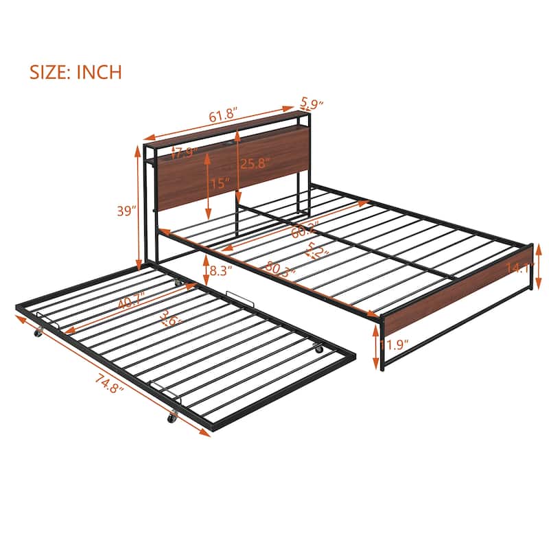 Metal Bed Frame Platform Bed with Storage Headboard, Pull-Out Trundle Bed, USB Ports, Metal Slat Support