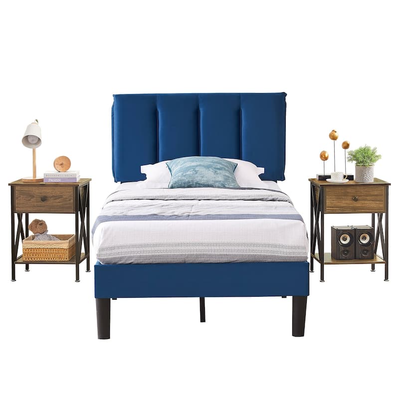 VECELO 3-Pieces Tufted Upholstered Platform Bed Frame with Adjustable Height Headboard and Nightstands Set of 2, Dark Blue