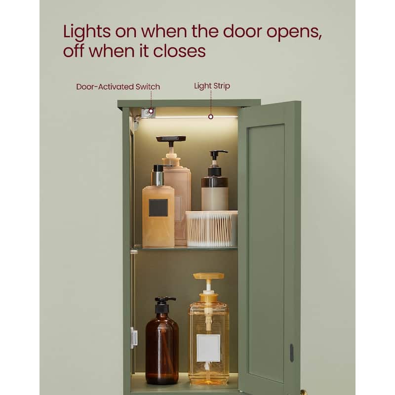 Forest Green Tall Bathroom Cabinet with Door Activated Light Adjustable Shelves - 11.8"D x 15.7"W x 66.9"H