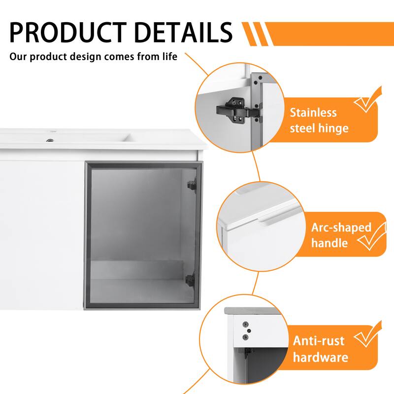 Bathroom Vanity With Sink In 24/30/36 Inch, Floating Bathroom Vanity With Soft Close Door
