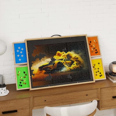 Moasis 1000 Piece Rotatable Puzzle Table with 4 Felt Drawers Natural Wood Finish