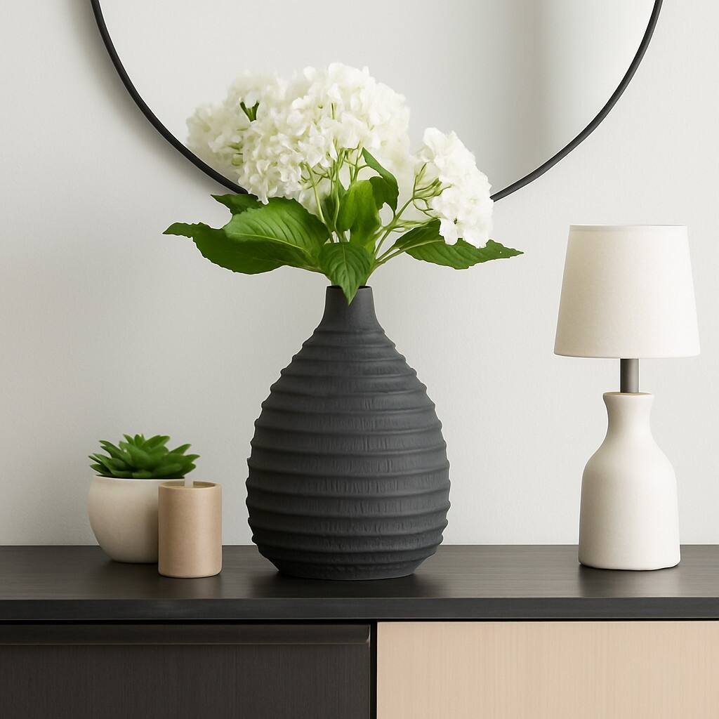 Ceramic Bud Faded Ribbed Bulbous Vase - Black, 15"