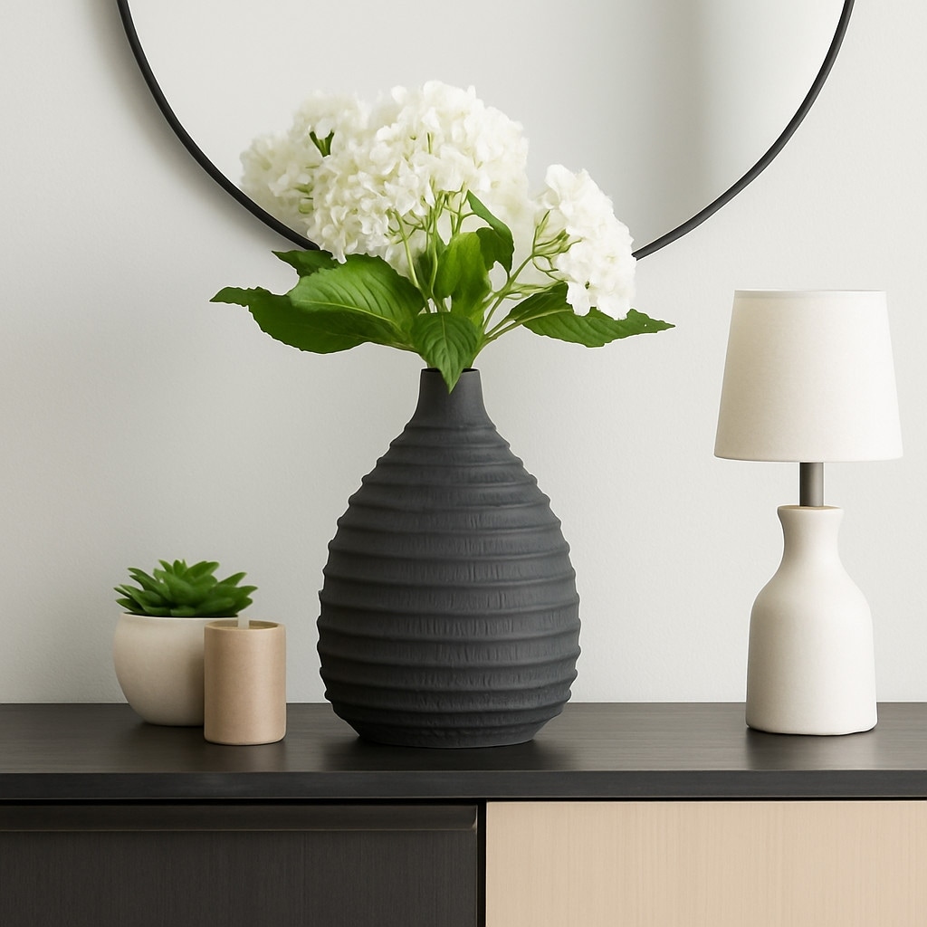Ceramic Bud Faded Ribbed Bulbous Vase - Black, 15"