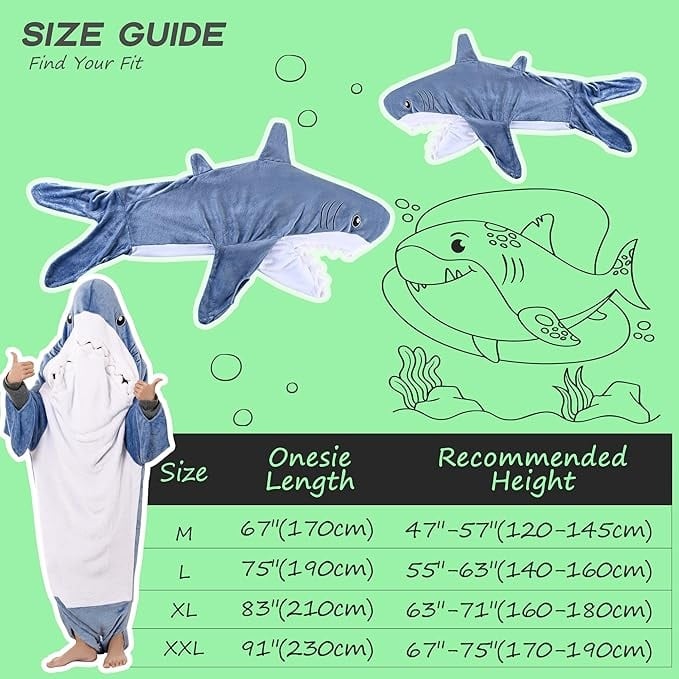 Shark Snuggle Hoodie with Shiny Eyes and Teeth, Flannel Shark Blanket, Shark Onesie Sleeping Bag