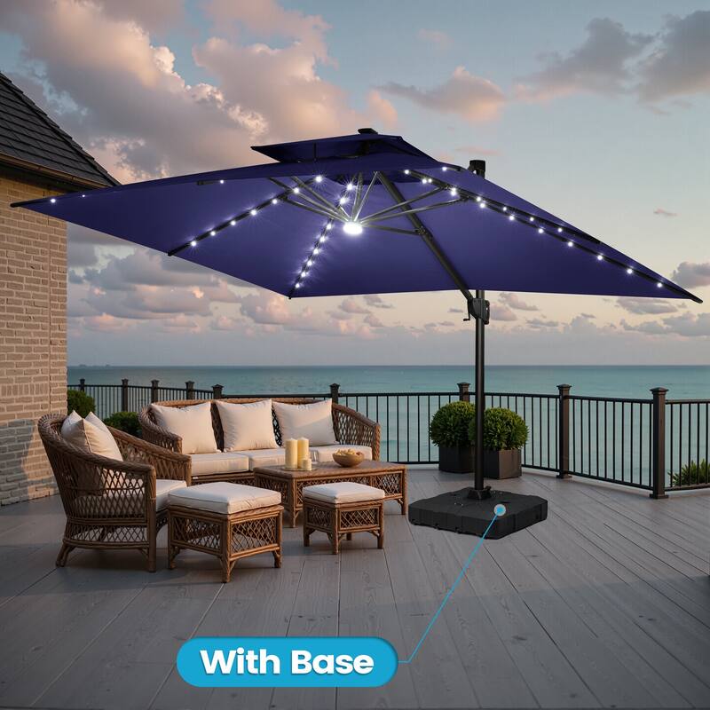 13 x 10ft Solar Powered LED Patio Cantilever Umbrella 360-degree Rotation with Weighted Base
