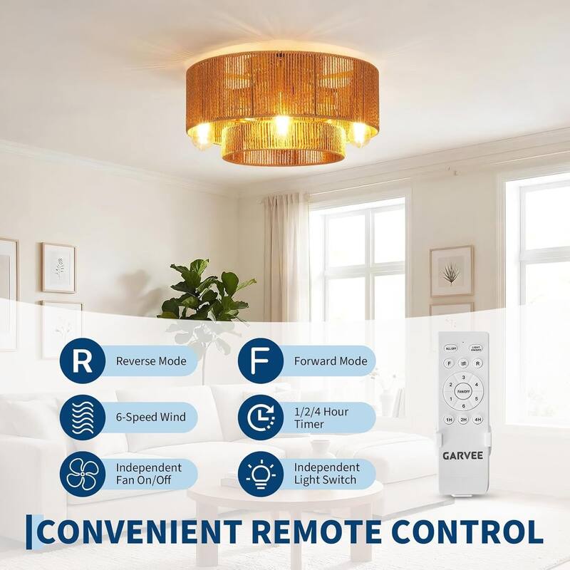 20" Rattan Boho Ceiling Fan with Light Flush Mount, 6 Speeds Reversible for Living Room Bedroom