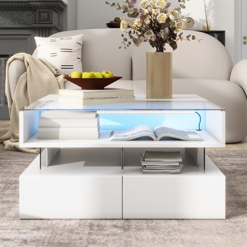 Lift-Top Coffee Table with 2 Drawers, Modern Square Coffee Table with Glass Top and High-Gloss Finish