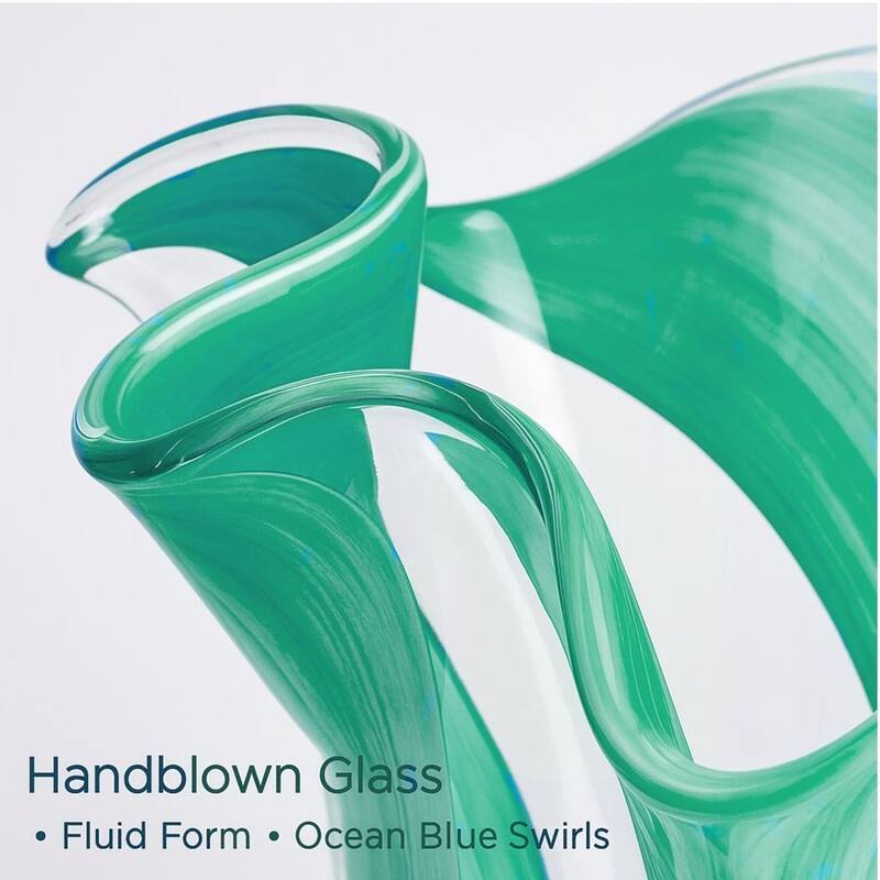 Green Set of 2 Striped Handblown Glass Vases with Broad Rim and Ruffle