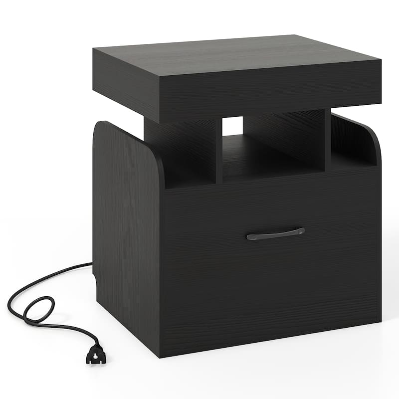 Gymax Nightstand w/ Charging Station Drawer & Sliding Top Storage Tray