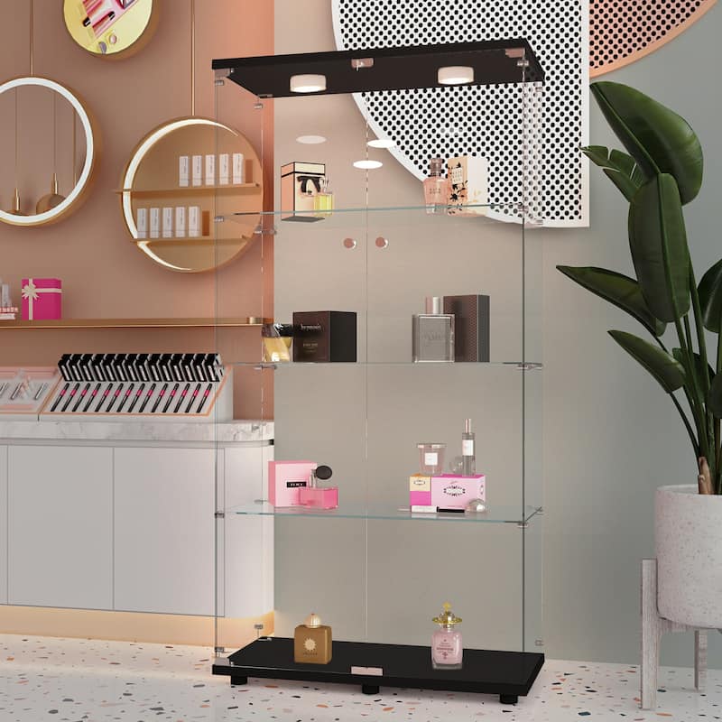 Tempered Glass Display Cabinet w/Multi-Color LED Lights, Door Lock & Adjustable Floor Feet for Flexible Placement - Black