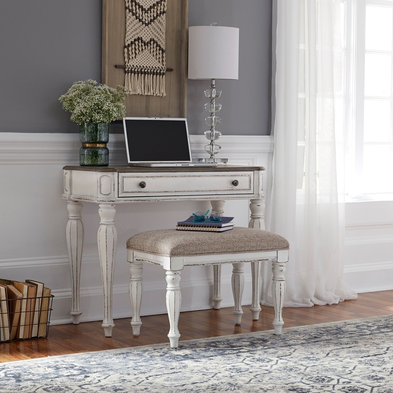 Liberty Furniture Magnolia Manor Antique White Accent Vanity Desk & Stool Set - Width 36" x Depth 18" x Height 30"