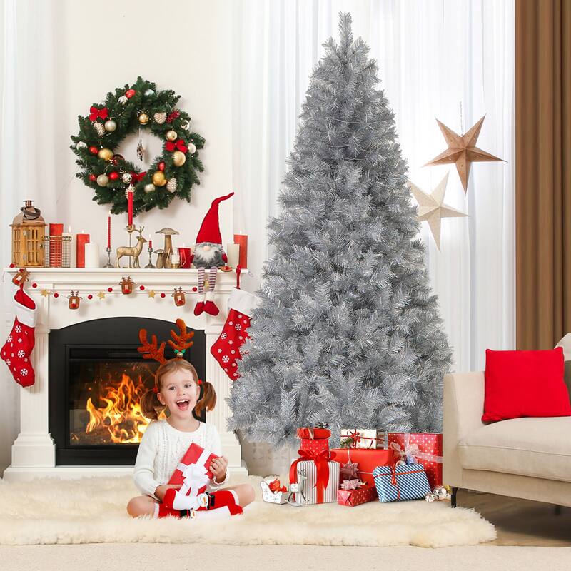 Gymax 5/6/7 FT Pre-Lit Artificial Christmas Tree Silver Tinsel Hinged - See Details
