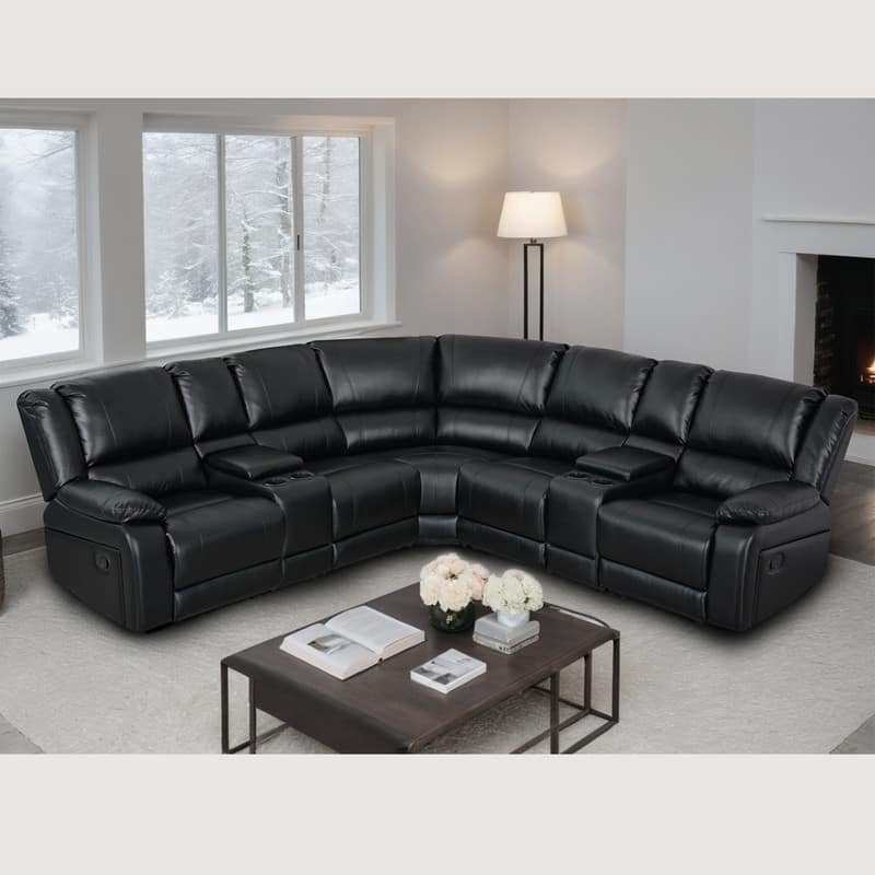 108" W Modern Contemporary Faux Leather 7 Piece Sectional Recliners - Black+L-Shape