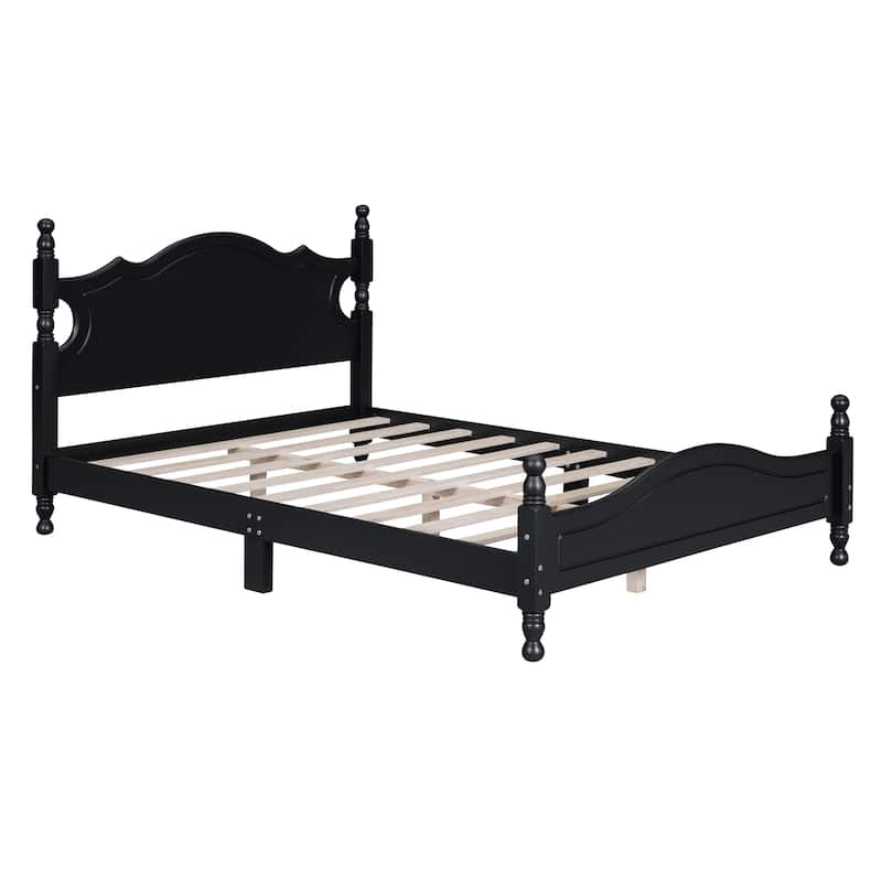 Full Size Retro Wood Platform Bed Frame with Wooden Slat Support, Black