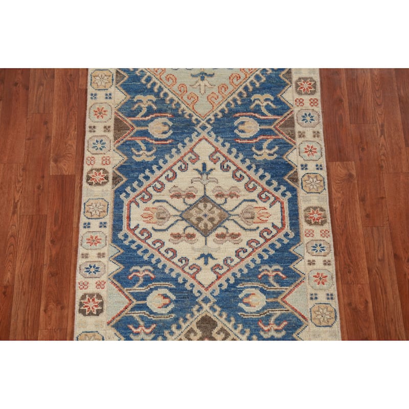 Hand Knotted Oriental 100% Wool Carpet Transitional Geometric Navy Blue & Blues Oushak Runner Rug - 9' 11'' X 2' 7''