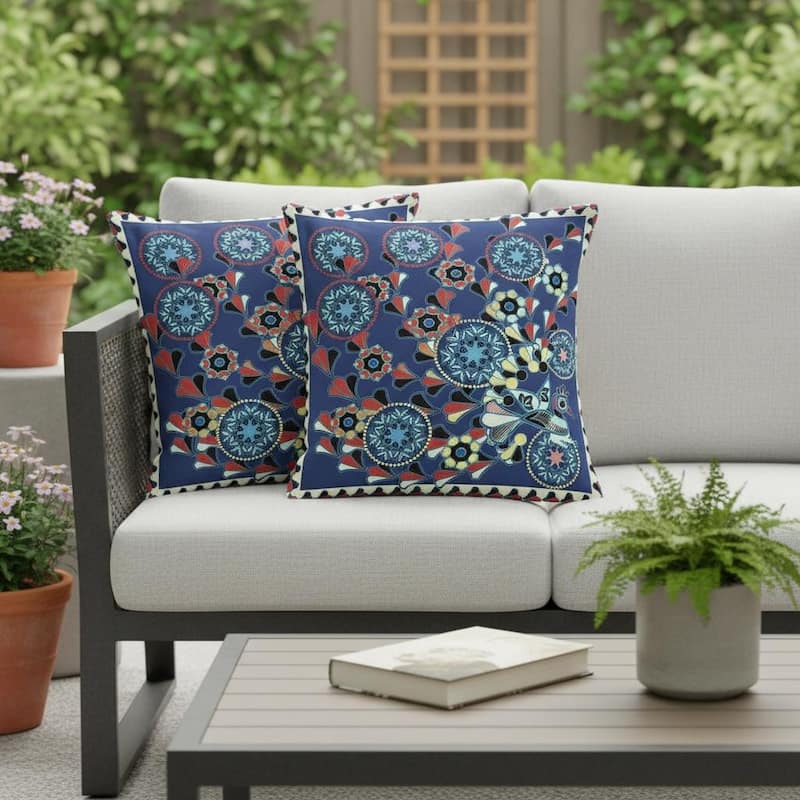 HomeRoots Set of Two 16" X 16" Blue and Off White Peacock Blown Seam Floral Indoor Outdoor Throw Pillow - Blue/Off White - 16.00' X '16.00' X '5.00