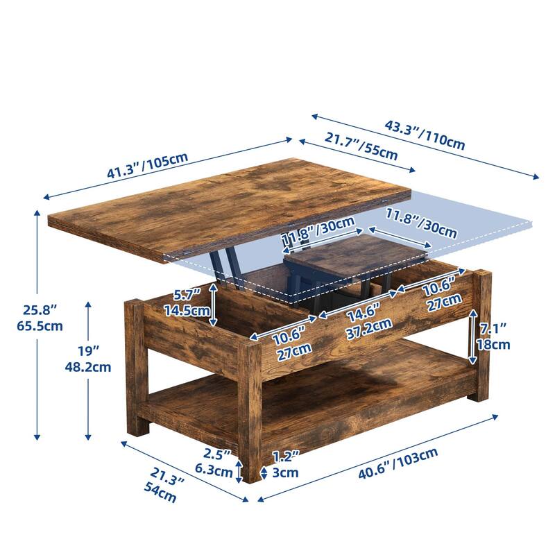 Moasis Farmhouse Lift Top Coffee Table Expandable Tabletop with Hidden Storage and Shelf for Living Room