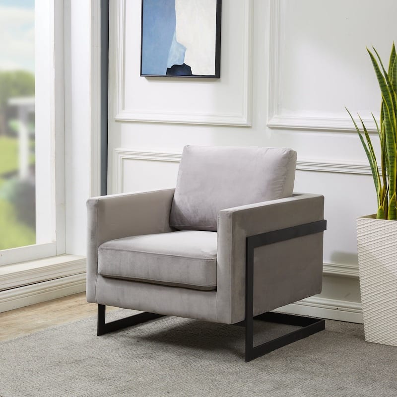 LeisureMod Lincoln Modern Velvet Arm Chair with Black Steel Frame - 35"