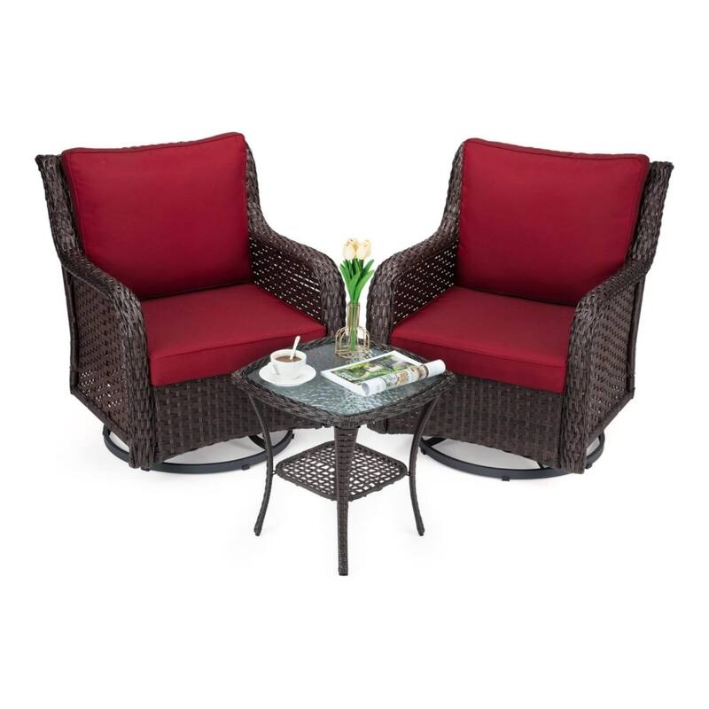 Outdoor Wicker Furniture Set 3-Piece Swivel Glider Rocking Chair and Coffee Table - Red
