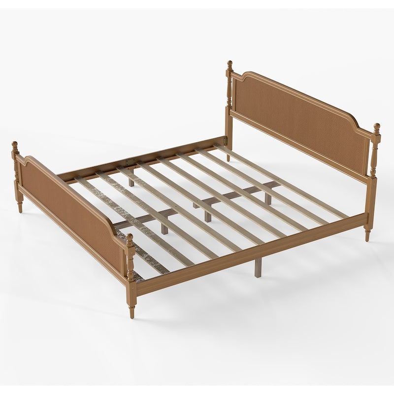 Wooden Platform Bed Bed Frame w/Hand-Woven Rattan Headboard & Footboard, Boho and Mid Century Style Bed Frame, Solid Pine Wood