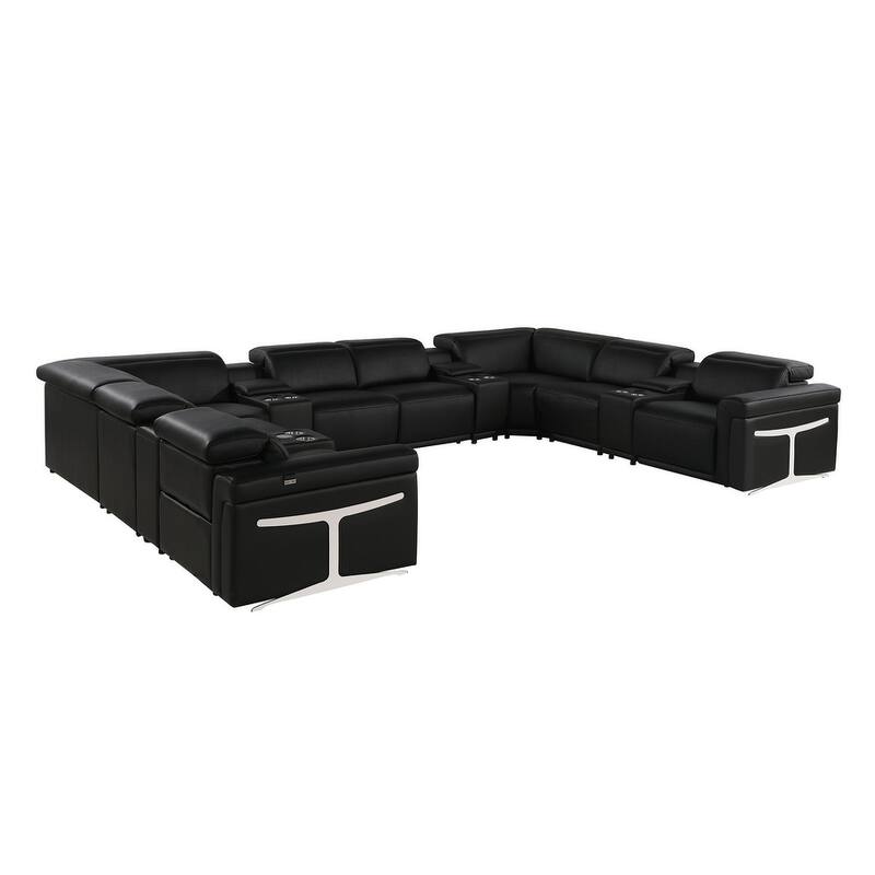 HomeRoots Black Italian Leather Power Reclining U Shaped Twelve Piece Sectional With Console
