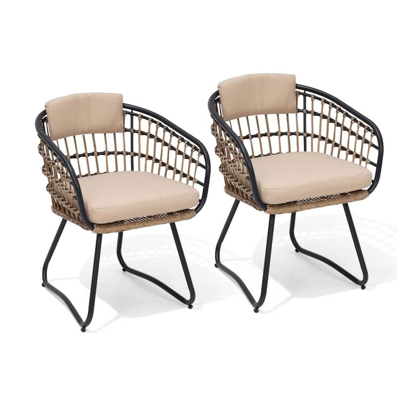 Outdoor Wicker Chairs Patio Dining Chairs Cushioned PE Rattan Seating Set - Beige, 2PCS