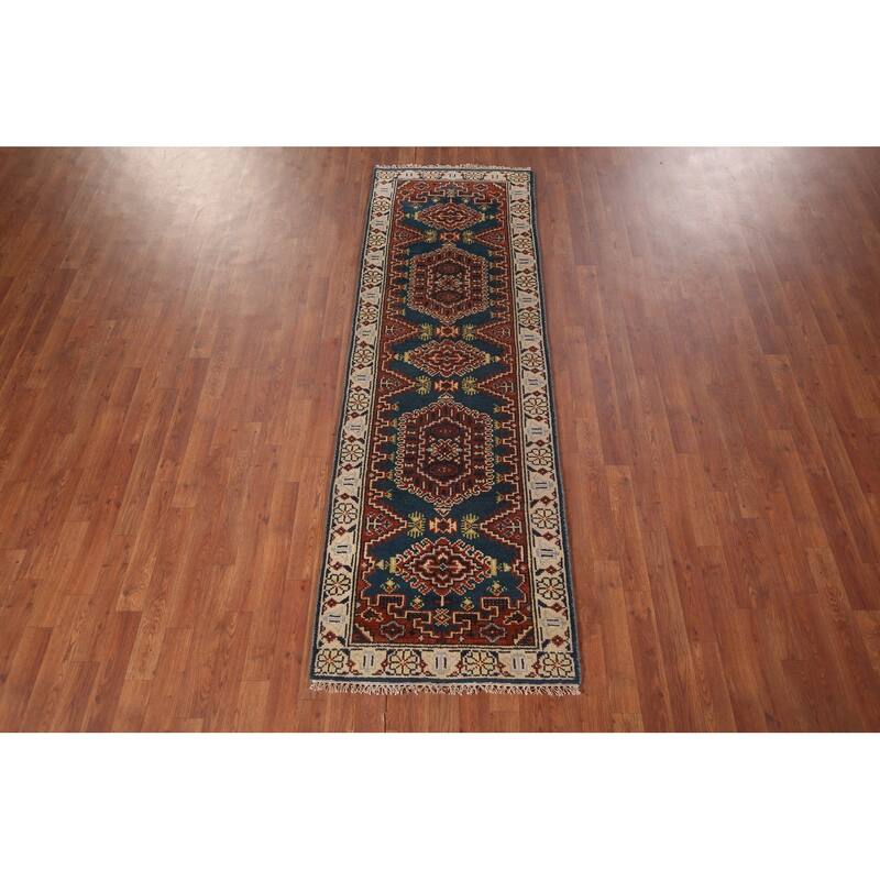 Blue Geometric Viss Oriental Runner Rug Handmade Wool Carpet - 2'6"x 7'10"