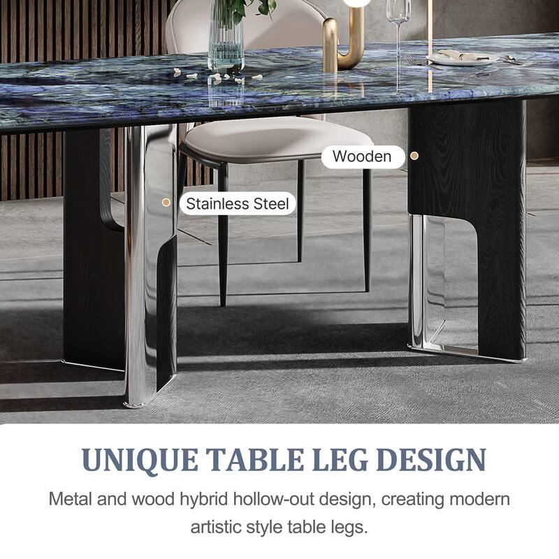 78.74"Modern Dining Table for 6-8,Glossy Sintered Stone Top, Blue - 78.74"