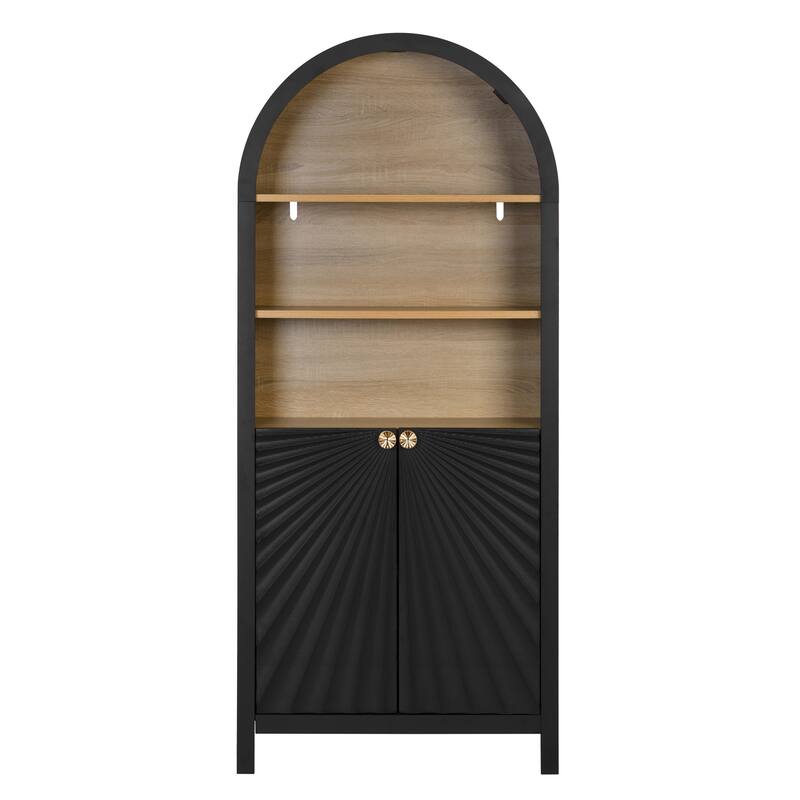 61" Tall Arched Bookcase Cabinets, Wood Bookcase with Storage, Mid-Century Modern 5-Tier Bookshelf with Door, Open Shelves
