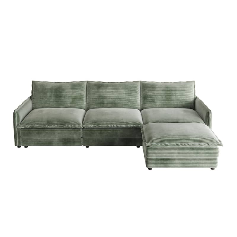 Corduroy Cloud Sectional Sofa Modular L Shaped Couch with Ottoman - Green