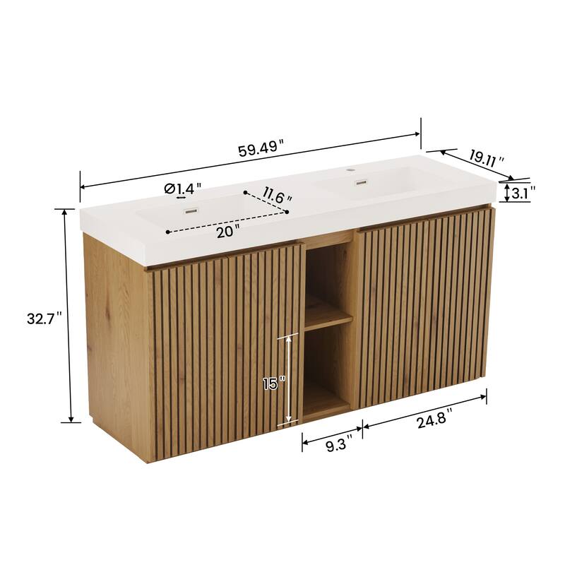 GDFStudio - Galan 60" Freestanding Bathroom Vanity with Quartz Sink, Solf Close Doors, Open Storage Shelf, NO Drain & Faucet