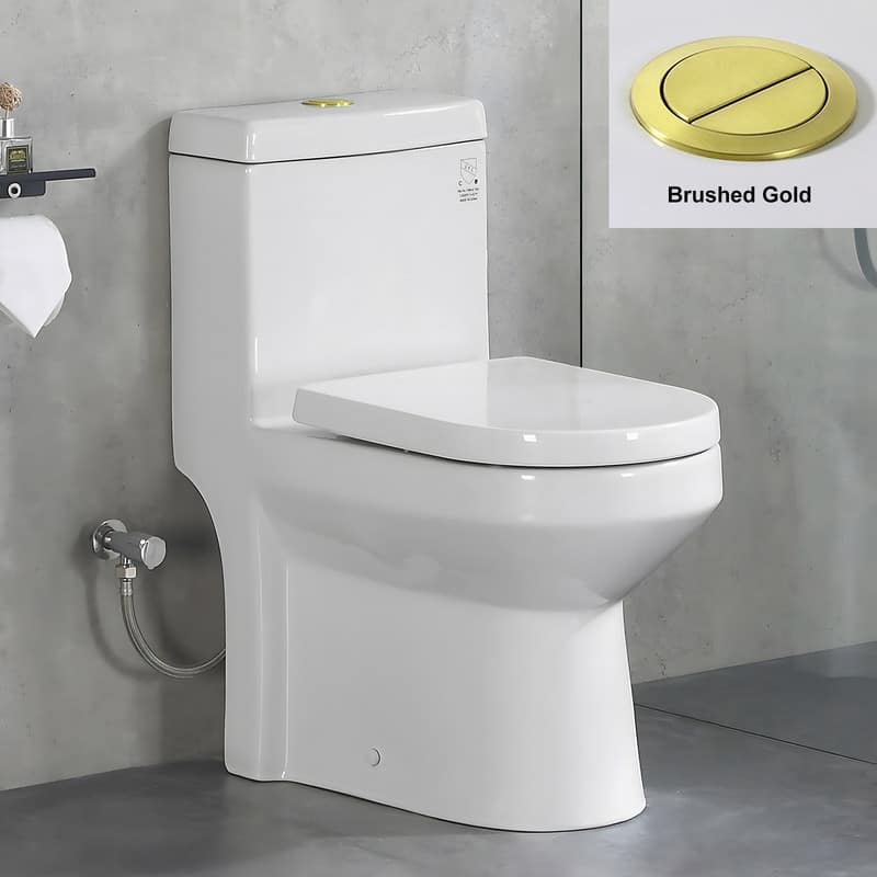 HOROW 1 Piece High Efficiency Dual Flush Toilet White 0.8/1.28 GPF Seat Included Brushed Gold Button