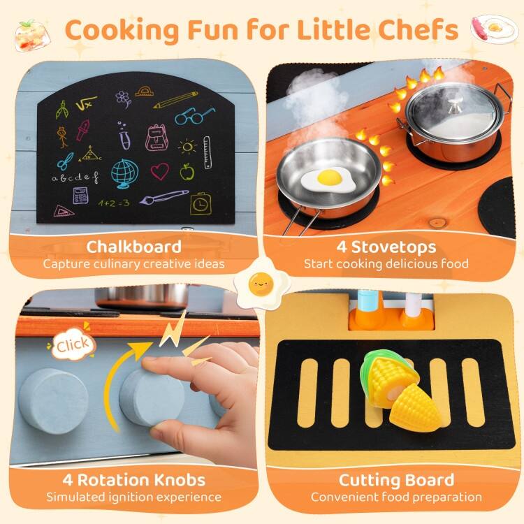 Wooden Toy Kitchen Playset with Removable Circulation Faucet and Cooking Accessories-Blue - Multi