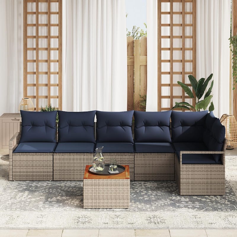 vidaXL 7 Garden Sofa Set with Cushions Black/Grey Poly Rattan - 113 x 48 x 27.2
