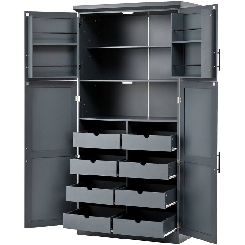 70.9 inch Freestanding Kitchen Cabinet, Tall Storage Cabinet with 4 Doors, 2 Door Shelves, 8 Pull-out Trays and Adjustable Shelf