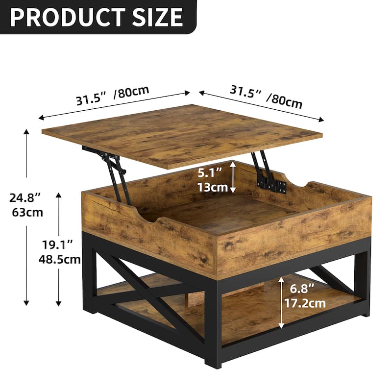 Moasis Farmhouse Lift Top Square Coffee Table with Storage and Shelf