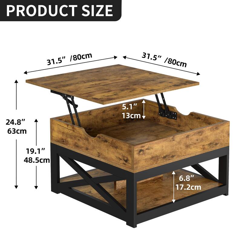 Moasis Farmhouse Square Lift Top Coffee Table with Storage Shelf for Living Room