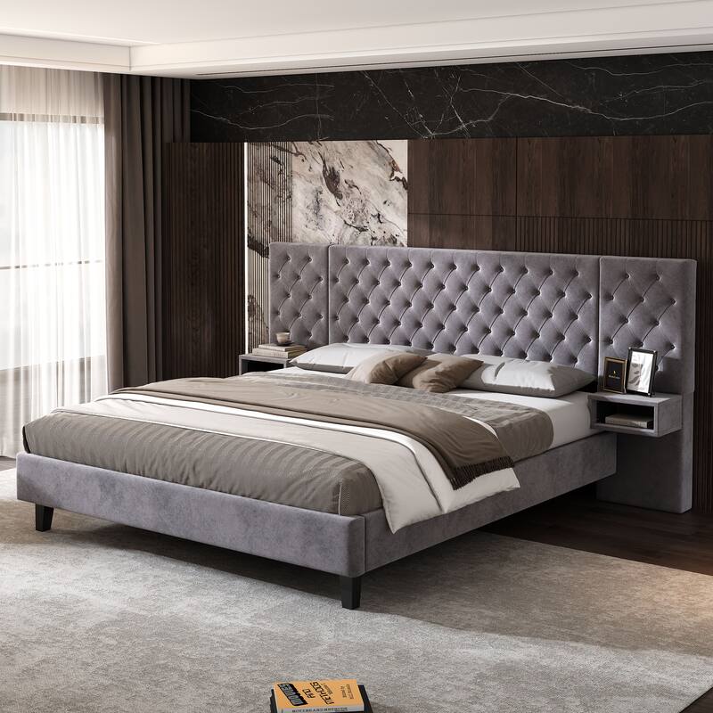Modern Velvet Upholstered King Size Platform Bed with Headboard and Nightstands - Grey