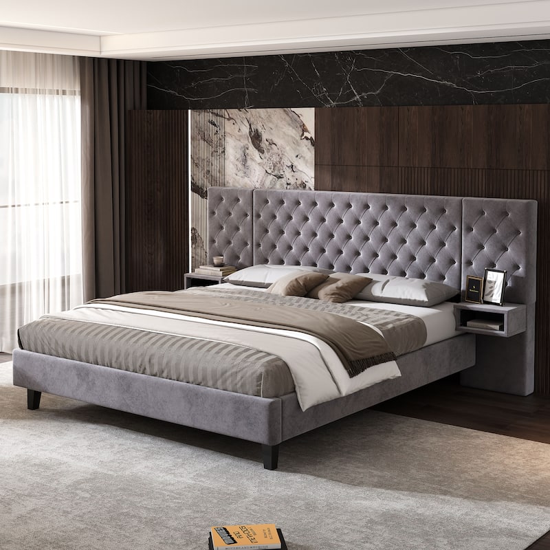 Queen Size Velvet Upholstered Platform Bed with Diamond Tufted Headboard and 2 Nightstands, Beige - Grey - King