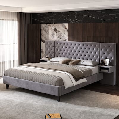 Roomfitters King Size Platform Bed with Modern Velvet Upholstery, Diamond Tufted Headboard, Includes 2 Nightstands, Grey