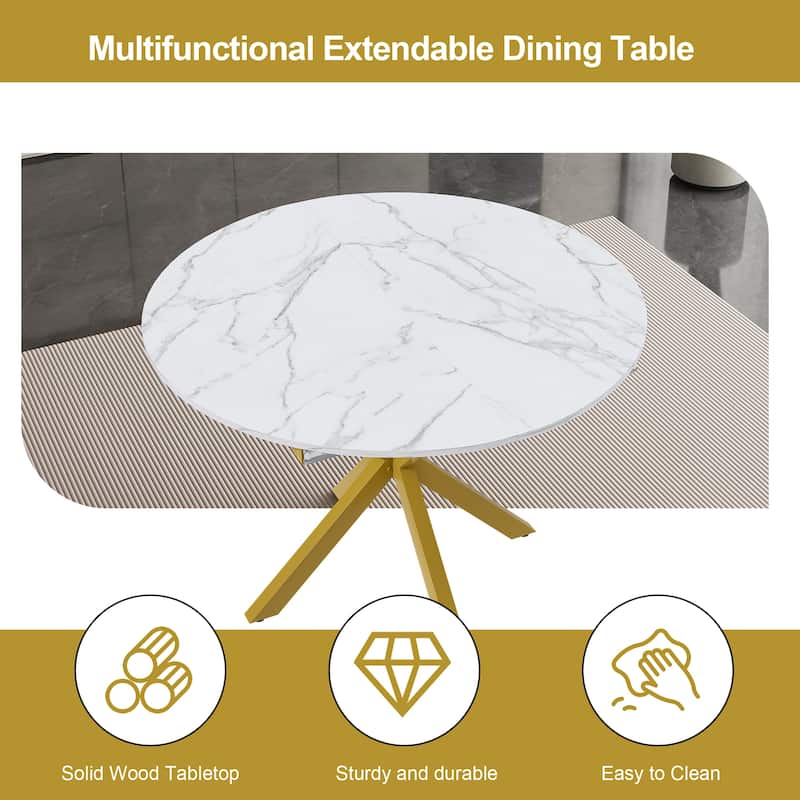 Modern and simple round dining table with extendable blades, carbon steel X-shaped base, sturdy and durable(4-6 people)