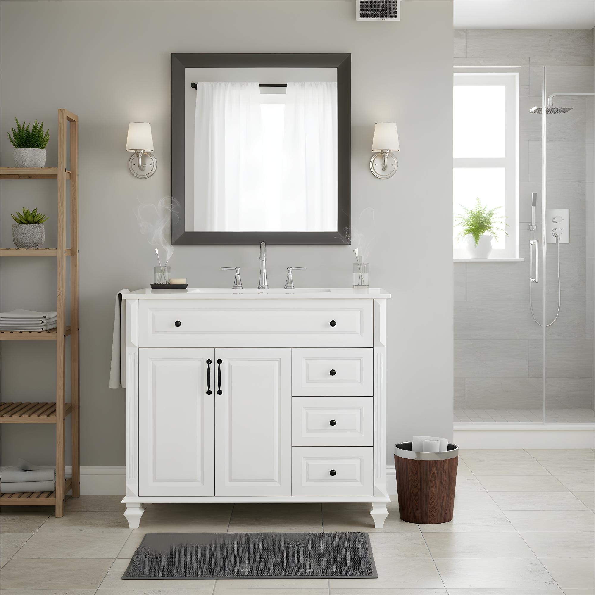 36" Elegant Bathroom Vanity Unit: Wood Cabinet with Integrated Sink, Flip Drawer System, 3 Drawers + 2 Doors